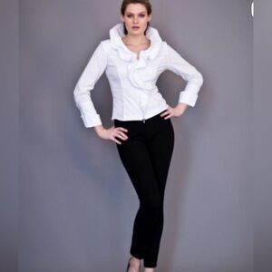 Samuel Dong White Ruffle Zip front top S